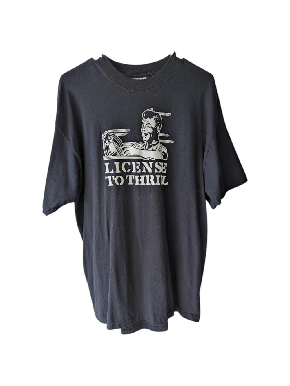 Vintage Optima License To Thrill Shirt L Black Heavy Cotton Graphic Tee 22x30